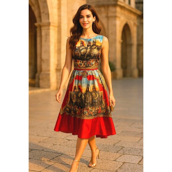 CCC Silk Cotton Medium Knights Scene Print Fit And Flare Midi Dress Italian Art - Picture 1 of 11